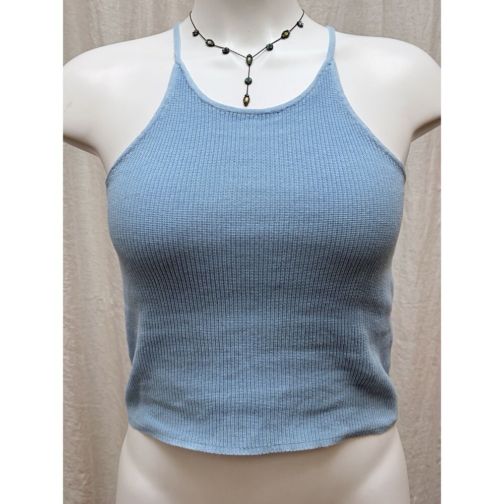 Pomelo Knit Tank Top XS Light Blue Ribbed Sleeveless High Neck Cropped Cami